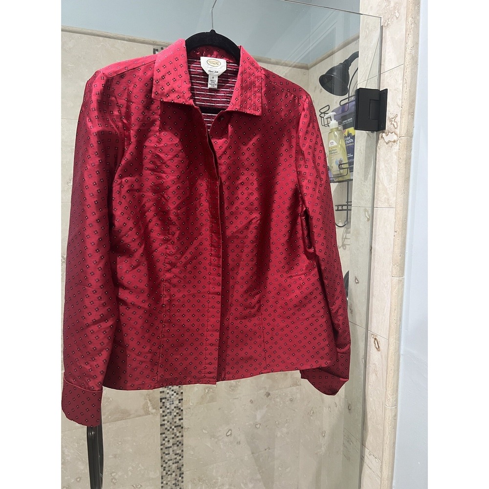 Talbots Red Silk Embroidered Button Down Blouse Womens 12 Long Sleeve Top